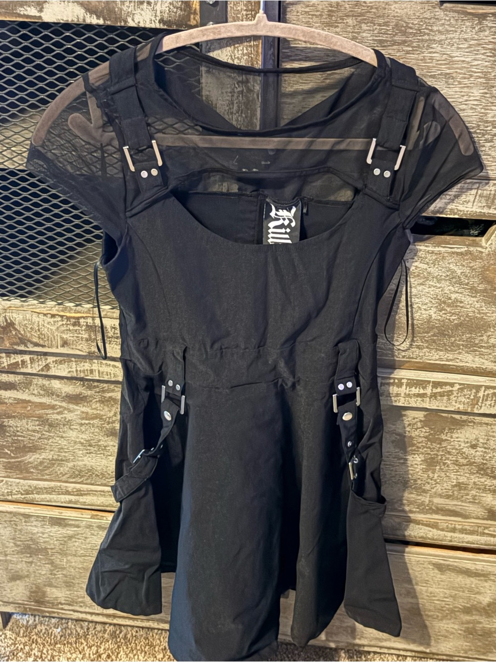 Killstar Black Gothic Mesh-Detail Mini skater Dress with grommets-buckles